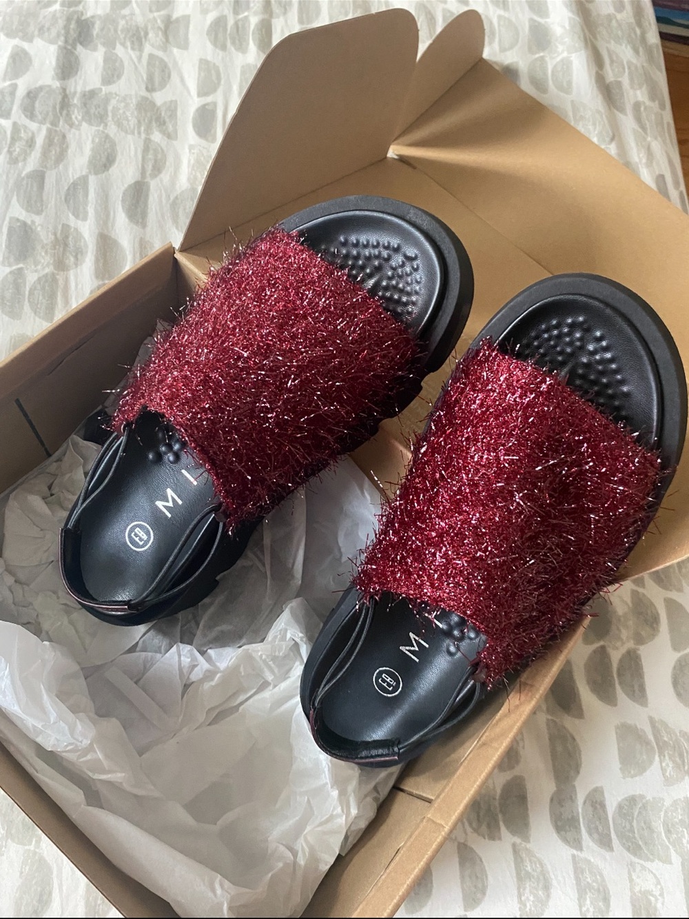 Miista Burgundy Metallic Tinsel Slide Sandals